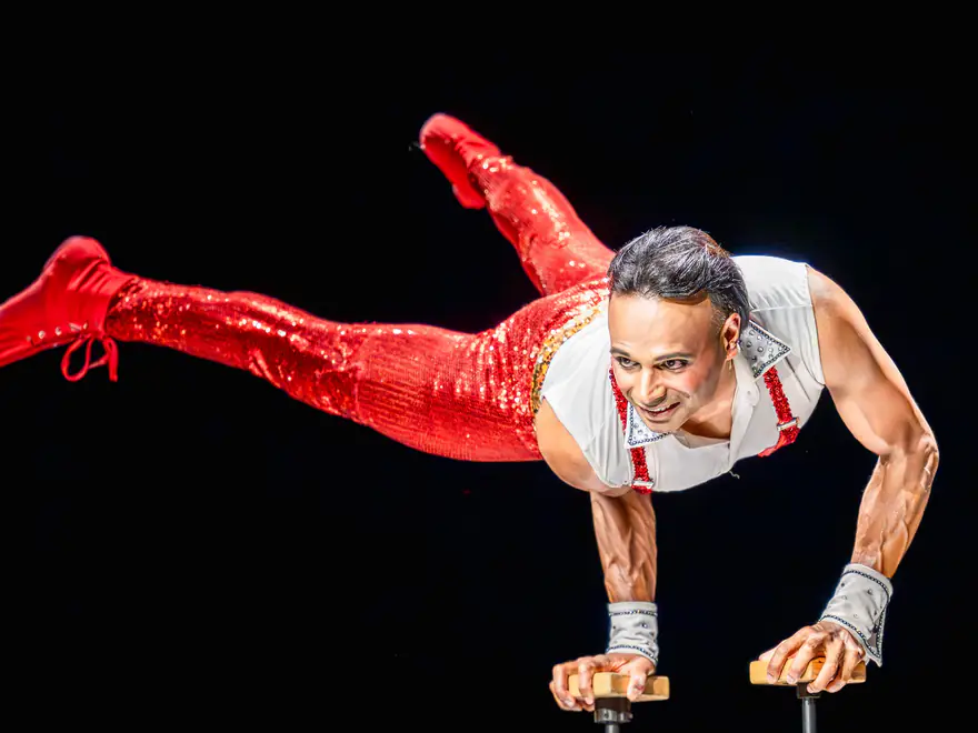 Een acrobaat in rood kostuum houdt een handstand vast op handstandblokken