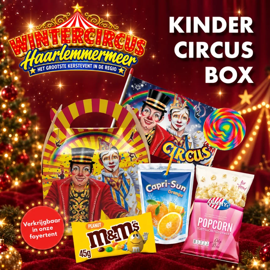 De kinder circusbox met popcorn, snoep, drinken, een lolly en een circusvlaggetje